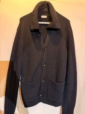 Dries Van Noten Men's Black Wool Ribbed Shawl Collar Cardigan